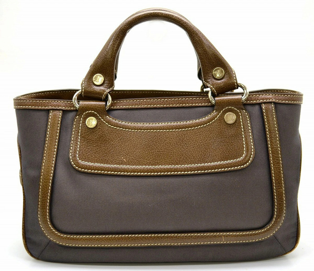 Celine Boogie Bag Handbag Canvas Leather Brown Dark